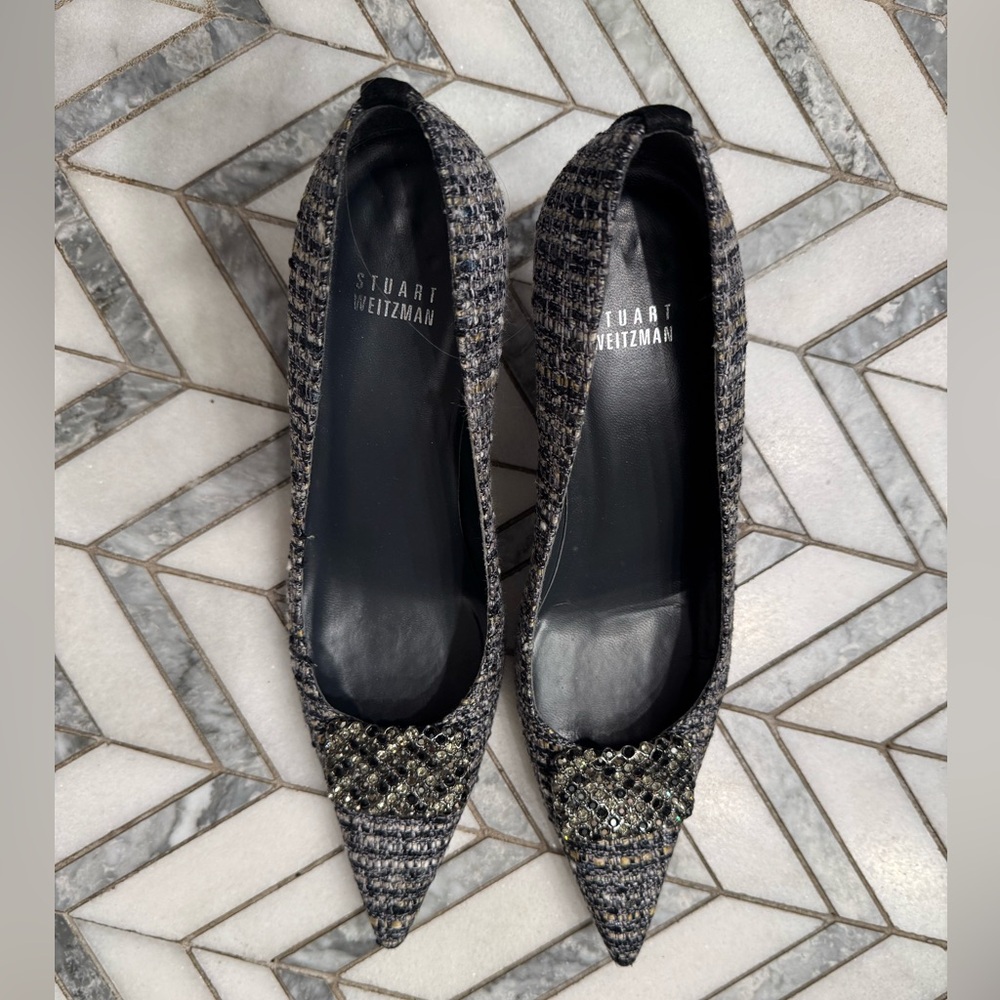 Weitzman tweed kitten heel with embellished rhinestone buckle, 8.5M